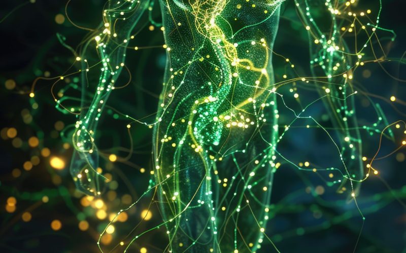 Discover the ethereal beauty of the nervous system  pathways, illuminated and pulsing with energy in a surreal, dreamy depiction.